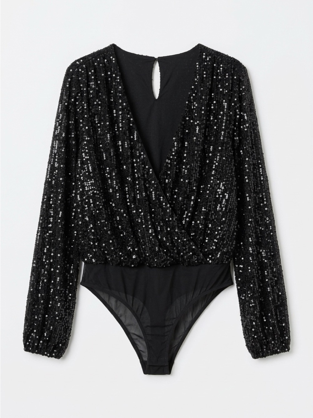 Black Sequin Bandeau Bodysuit with Long Sleeves